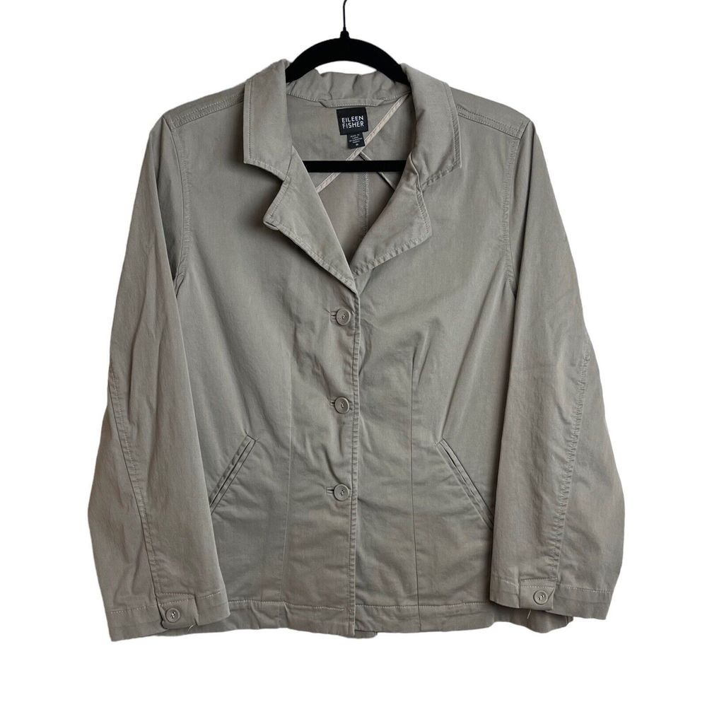 Eileen Fisher Jacket Khaki Beige Button Collar Long Sleeve Womens Size Medium